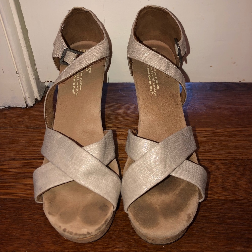 Toms White Shimmer Strappy Wedges